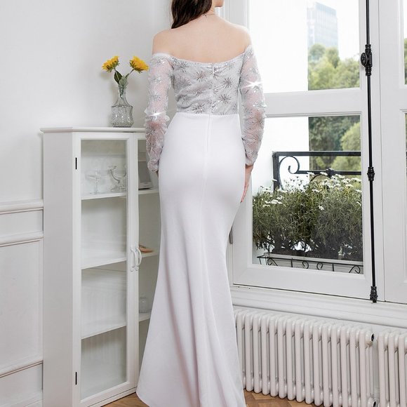 New Contrast Sequin Off Shoulder Mermaid Hem Wedding Dress - Picture 3 of 7